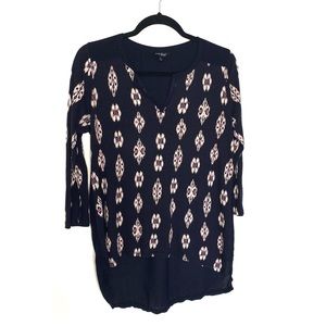 Vintage Lucky Brand Navy Ikat Ditsy Print Henley 3/4 Sleeve Top